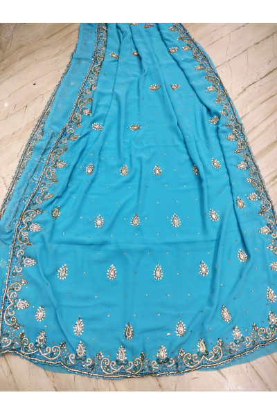 Premium Quality Georgette Sky Saree With All Over Heavy Stone Work (KR986)